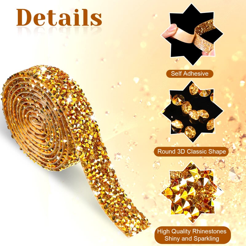 Xinnun 5 Rolls Rhinestone Ribbon Self-Adhesive Crystal Shiny Rhinestone Strips Bling Resin Diamond Ribbon for Mother's Day Decor Art Craft DIY Party(Basic Style,Gold) - Image 3