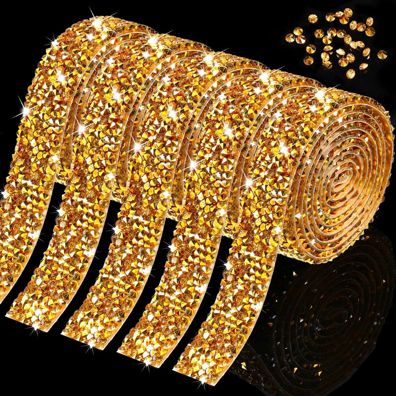 Xinnun 5 Rolls Rhinestone Ribbon Self-Adhesive Crystal Shiny Rhinestone Strips Bling Resin Diamond Ribbon for Mother's Day Decor Art Craft DIY Party(Basic Style,Gold) - Image 1
