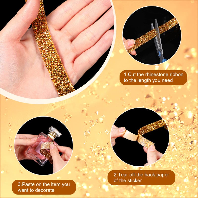 Xinnun 5 Rolls Rhinestone Ribbon Self-Adhesive Crystal Shiny Rhinestone Strips Bling Resin Diamond Ribbon for Mother's Day Decor Art Craft DIY Party(Basic Style,Gold) - Image 4