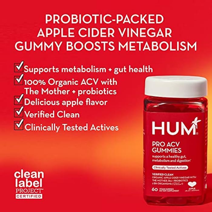 HUM Pro Apple Cider Vinegar Gummies with Probiotics for Digestive Health & Gut Health,100% Organic Apple Cider Vinegar with Mother Gummy Vitamins, Vitamin B12 for Energy Support, 60 ACV Gummies - Image 3