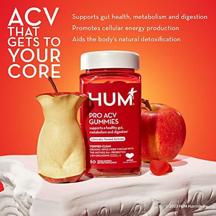 HUM Pro Apple Cider Vinegar Gummies with Probiotics for Digestive Health & Gut Health,100% Organic Apple Cider Vinegar with Mother Gummy Vitamins, Vitamin B12 for Energy Support, 60 ACV Gummies - Image 5