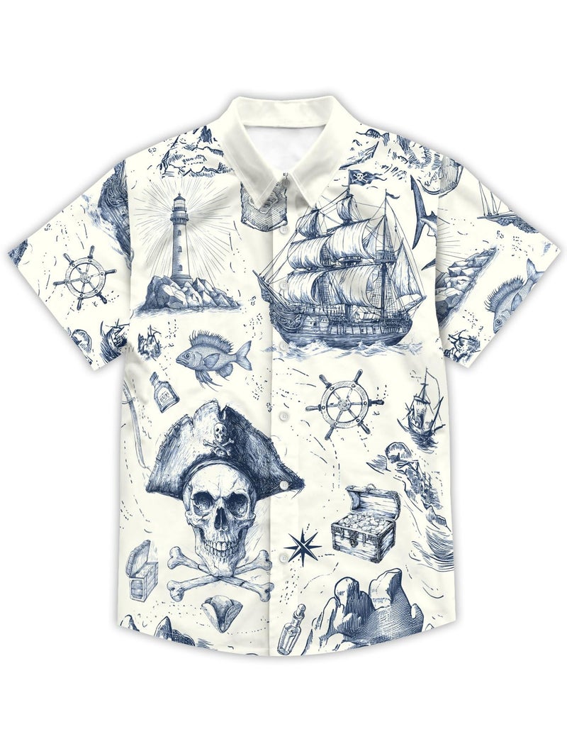DFZ Men's Pirate Button Down Shirt Nautical Cruise Hawaiian Short Sleeve Shirt Pirate Night Outfits for Tropical Beach Party Blue - Image 3