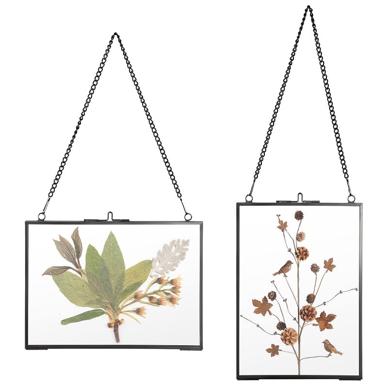 JUXYES Set of 2 Brass Wall Hanging Photo Frame Golden Glass Hanging Picture Artwork Display Frame Double Glass Floating Frame Style Gallery Wall Frame for Photo Picture Poster etc