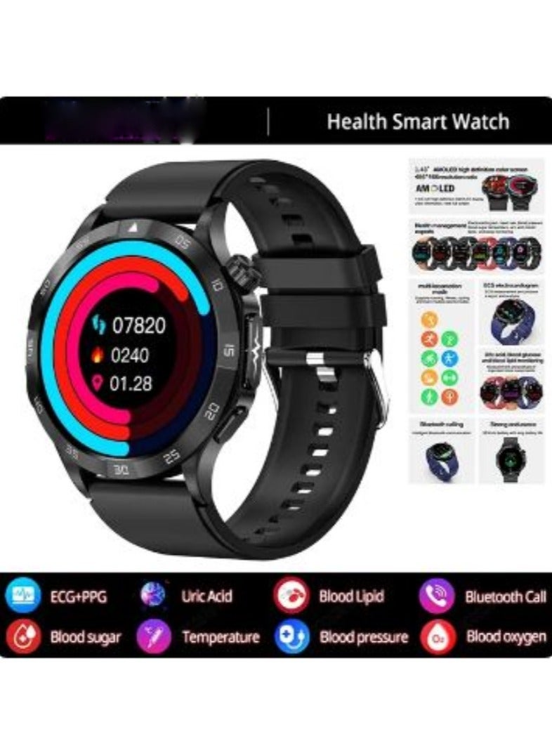 ارواق سكر الدم 1.43 بوصة ساعة ذكية شاشة AMOLED دهون الدم حمض اليوريك مراقب الصحة ساعة رياضية ذكية ECG + PPG HD بلوتوث مكالمة AI Voice Smartwatch SOS - Image 1
