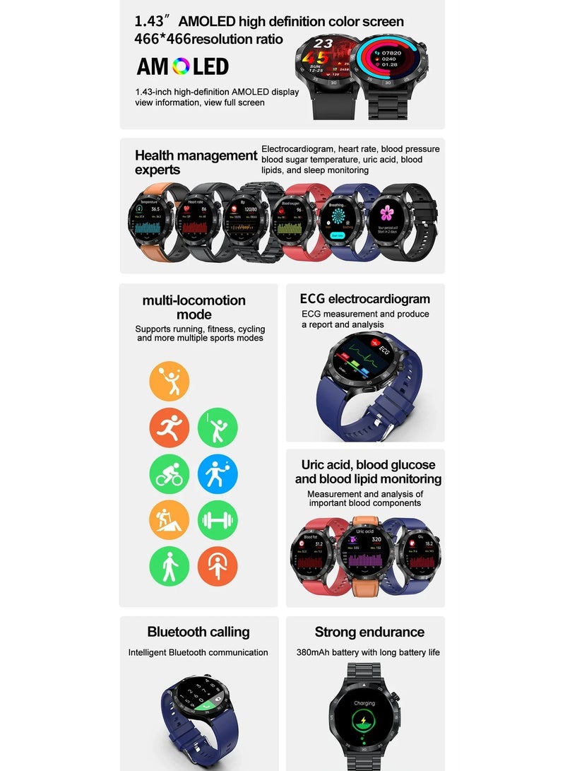ارواق سكر الدم 1.43 بوصة ساعة ذكية شاشة AMOLED دهون الدم حمض اليوريك مراقب الصحة ساعة رياضية ذكية ECG + PPG HD بلوتوث مكالمة AI Voice Smartwatch SOS - Image 2