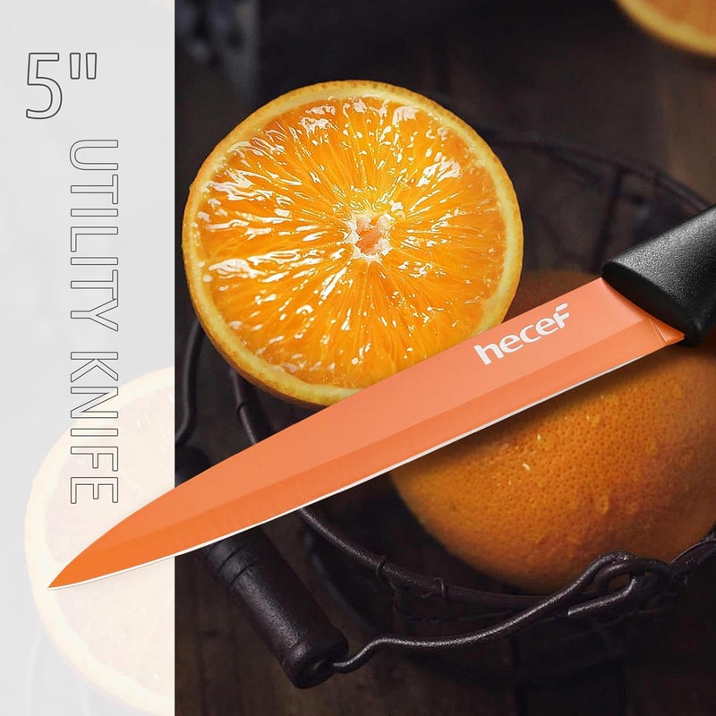 hecef 13 Pieces Kitchen Knife Set with Built-in Sharpening Wooden Block, Dishwasher Safe, High Carbon Stainless Steel Knife Block Set with Steak Knives, Kitchen Scissors, Orange - Image 2