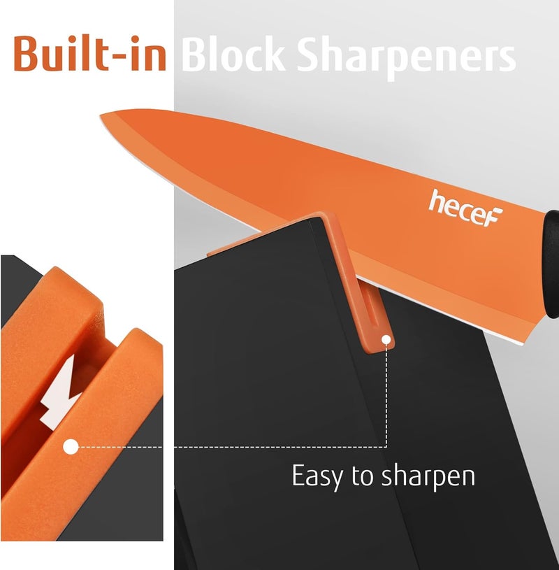 hecef 13 Pieces Kitchen Knife Set with Built-in Sharpening Wooden Block, Dishwasher Safe, High Carbon Stainless Steel Knife Block Set with Steak Knives, Kitchen Scissors, Orange - Image 3