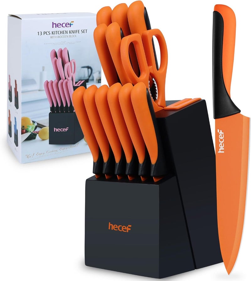 hecef 13 Pieces Kitchen Knife Set with Built-in Sharpening Wooden Block, Dishwasher Safe, High Carbon Stainless Steel Knife Block Set with Steak Knives, Kitchen Scissors, Orange - Image 1