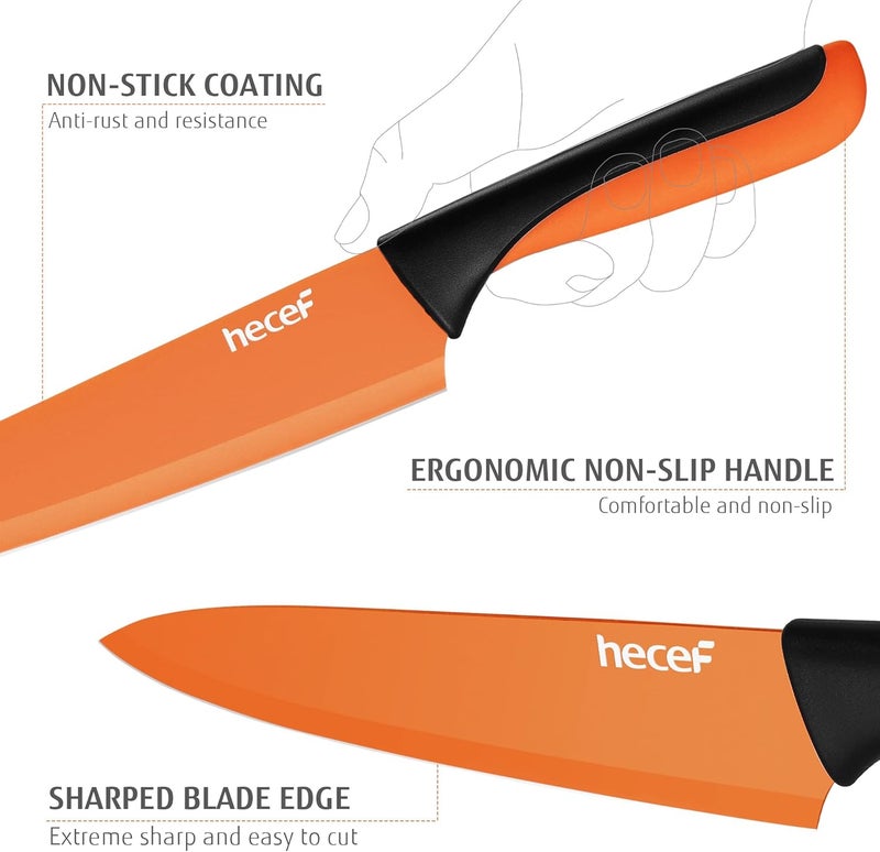 hecef 13 Pieces Kitchen Knife Set with Built-in Sharpening Wooden Block, Dishwasher Safe, High Carbon Stainless Steel Knife Block Set with Steak Knives, Kitchen Scissors, Orange - Image 4