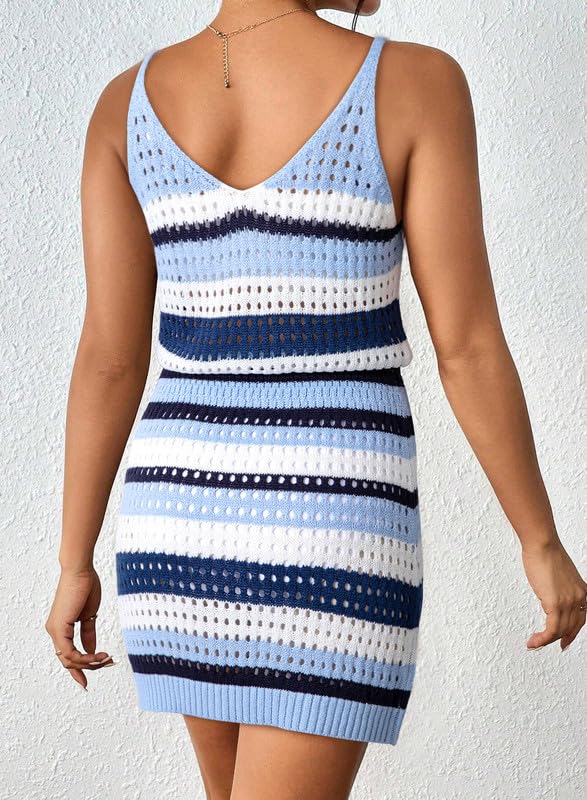 Dokotoo Swim Cover Up for Women 2026 Fashion Striped Scoop Neck Sleeveless Crochet Hollow Out Knit Spaghetti Straps Swimsuit Coverup Beach Dress Cruise Outfits Resort Wear Blue Large - Image 3