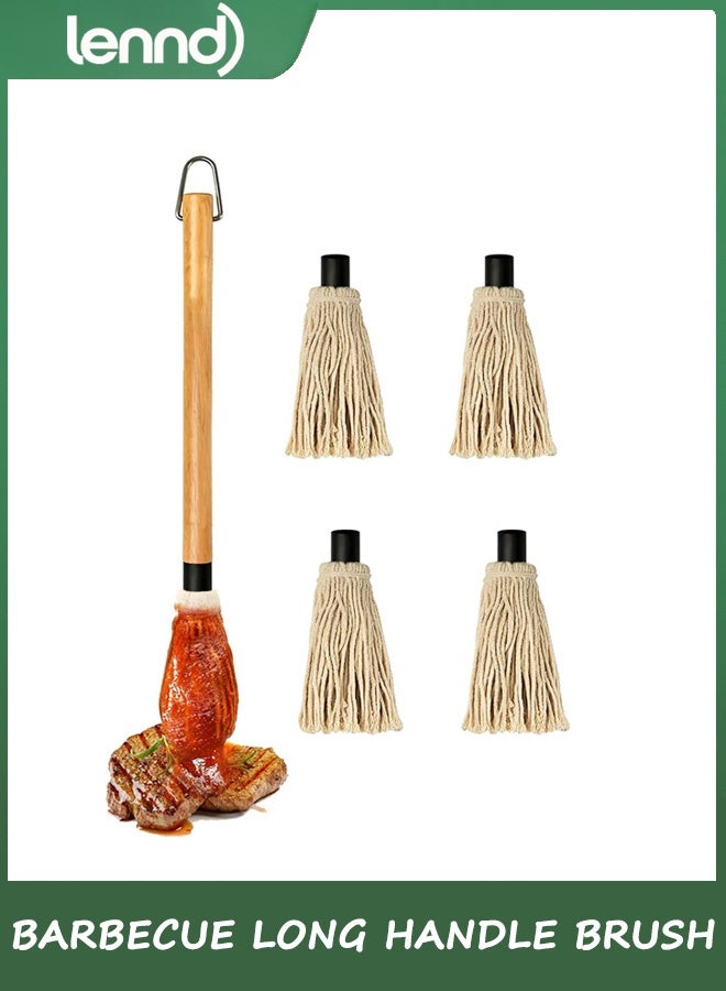 LENND 46.5 CM BBQ Sauce Basting Mops & Brushes for Roasting or Grilling, Apply Barbeque, Marinade or Glazing, Cotton Fiber Head and Hardwood Handle, Dish Mop Style, Perfect for Cooking or Cleaning - with 4 Extra Replacement Heads - Image 1