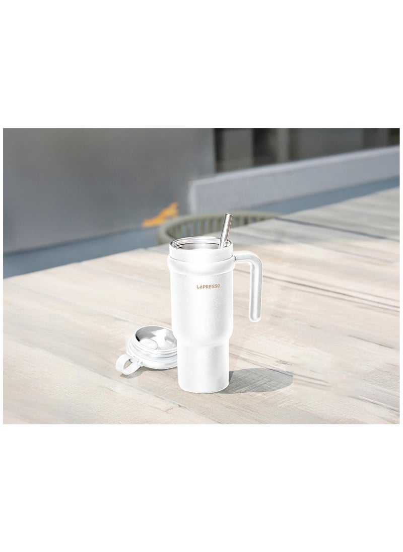 LePRESSO Coffee Mug with Steel Straw 900ml / Keep Warm / Dual Drink Mode / Keep Cold / Stainless Steel Material - White  - Image 2
