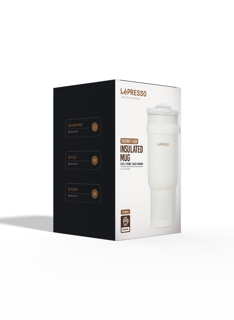 LePRESSO Coffee Mug with Steel Straw 900ml / Keep Warm / Dual Drink Mode / Keep Cold / Stainless Steel Material - White  - Image 4