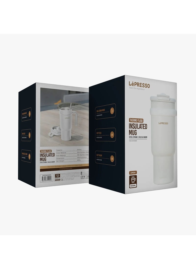 LePRESSO Coffee Mug with Steel Straw 900ml / Keep Warm / Dual Drink Mode / Keep Cold / Stainless Steel Material - White  - Image 5