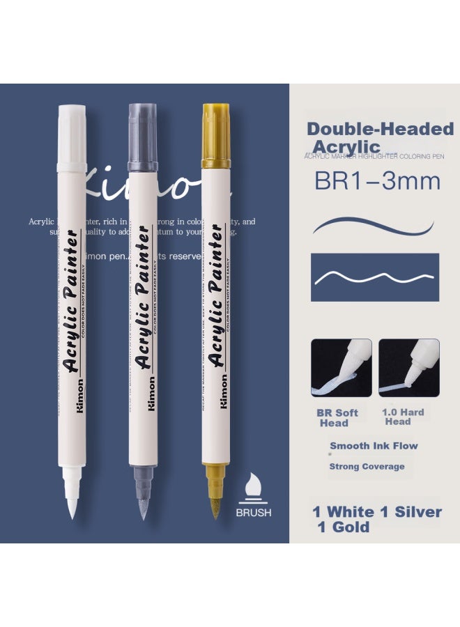 Jiamo Highlighter White Acrylic Double-head Marker Pen Drawing Highlight White Pen Waterproof Non-fading Student Sketch Brightening Special Pen Art Pearl Pen Highlighter 1 White 1 Gold 1 Silver - Image 1