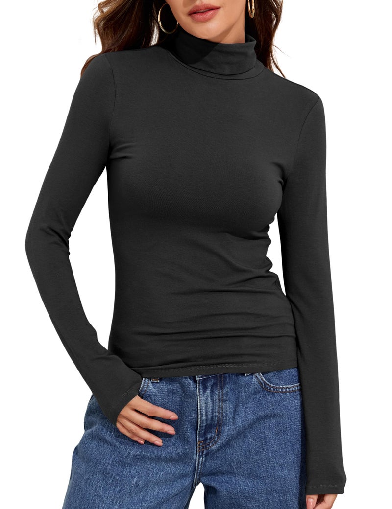 PrettyGuide Long Sleeve Shirts for Women Turtleneck Slim Fit Thermal Base Layer Tops Cotton Jersey T-Shirt Black S - Image 1