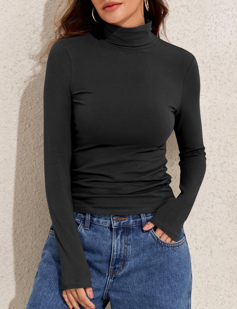 PrettyGuide Long Sleeve Shirts for Women Turtleneck Slim Fit Thermal Base Layer Tops Cotton Jersey T-Shirt Black S - Image 3