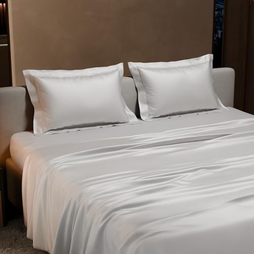 Stoa Paris Satin Bedsheet King Size with 2 Pillow Covers, 300TC Satin Premium Bedsheets King Size, White Bedsheet, Home Decor, Ultimate Comfort, 274 cm x 228 cm, Date Night - Vanilla White - Image 3