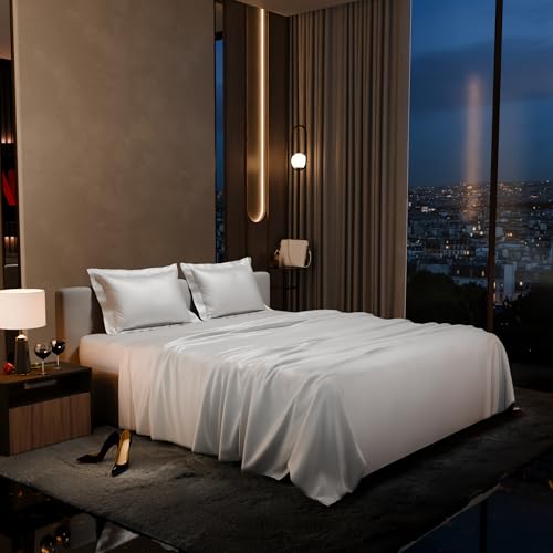 Stoa Paris Satin Bedsheet King Size with 2 Pillow Covers, 300TC Satin Premium Bedsheets King Size, White Bedsheet, Home Decor, Ultimate Comfort, 274 cm x 228 cm, Date Night - Vanilla White - Image 1