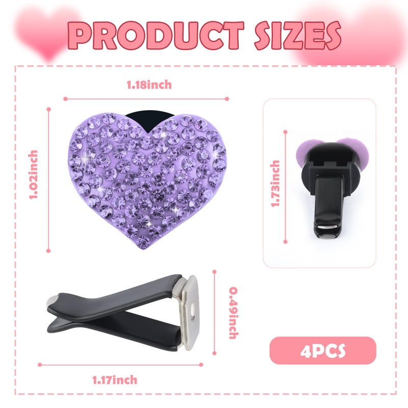 carleef 4PCS Heart-Shaped Car Vent Clips with Rhinestone,Bling Air Vent Clips Car Decorations,Premium Shiny Car Clips for Vents Accessories Interior (Purple) - Image 2