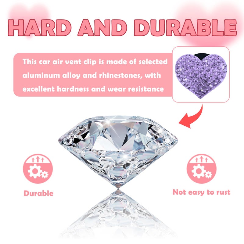 carleef 4PCS Heart-Shaped Car Vent Clips with Rhinestone,Bling Air Vent Clips Car Decorations,Premium Shiny Car Clips for Vents Accessories Interior (Purple) - Image 3
