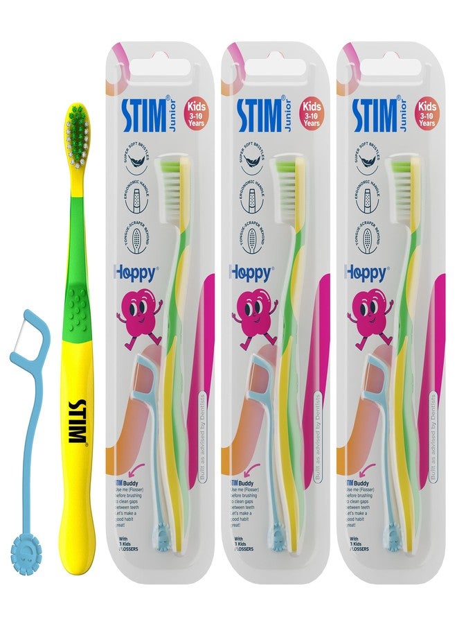 STIM Junior Kids Toothbrush | 3-10 Years | Ultra-Soft Bristles for Gentle Cleaning | Thumb Grip Handle & Tongue Scraper | Perfectly Sized for Independent Brushing | Dentist Recommended | 3 Brushes - Image 1