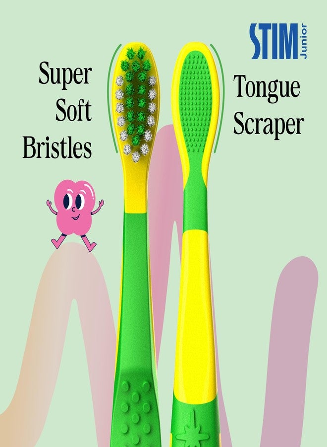 STIM Junior Kids Toothbrush | 3-10 Years | Ultra-Soft Bristles for Gentle Cleaning | Thumb Grip Handle & Tongue Scraper | Perfectly Sized for Independent Brushing | Dentist Recommended | 3 Brushes - Image 2