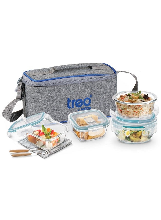 TREO تريو من ميلتون جميع طازج أومني زجاج تيفين مع حقيبة غداء مجموعة من 4 (حاويتين دائريتين، 400 مل لكل منهما؛ حاويتين مربعين، 320 مل لكل منهما) حاويات قابلة للاستخدام في الميكروويف ومضادة للتسرب، زجاج بوروسيليكات، رمادي مكتبي - Image 1