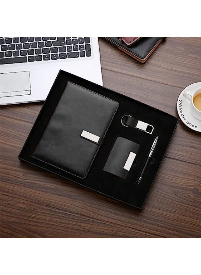 طقم هدايا فاخر 4 في 1 للرجال والنساء، دفتر طباعة جلدية لمكتب، حافظة بطاقات عمل، سلسلة مفاتيح فاخرة وقلم جاف مزين، هدايا قرطاسية. (أسود) - Image 2