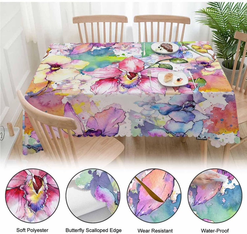 Beabes Orchid Flower Dinner Table Cloths Watercolor Orchid Floral Blossom Decorative Tablecloth for Rectangle Tables 52X70 Heavy Duty Table Covers for Kitchen Patio Banquet - Image 4