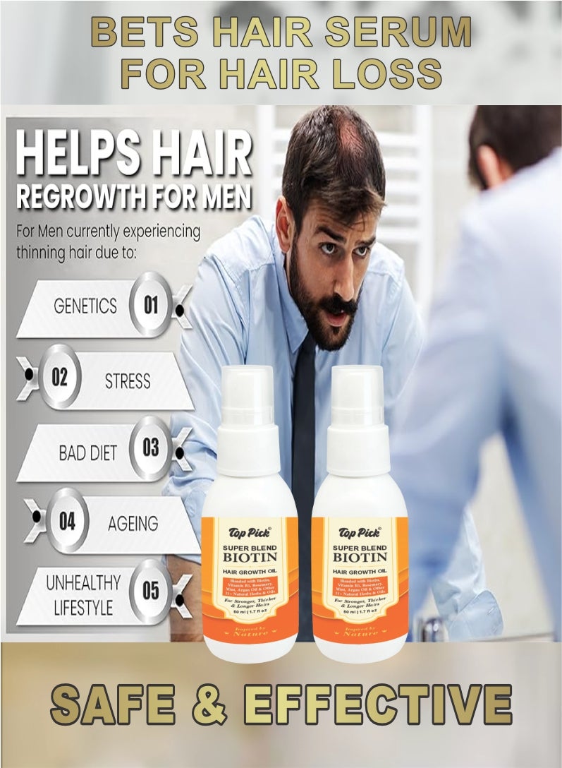 Top Pick Super Blend Rosemary Mint Biotin Hair Growth Oil with Vit B5 & E, Argan Oil & 21+ Natural Herbs & Oils For Scalp & Hair Strengthening Oil – Controls Hair Fall and Promotes Healthy Hair Growth 50ML Pack Of 2