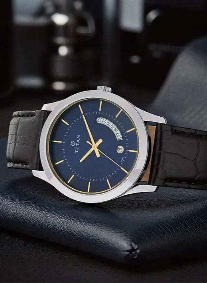 تيتان Titan Blue Analog Dial with Date Leather Strap Watch for Men 1823sl01