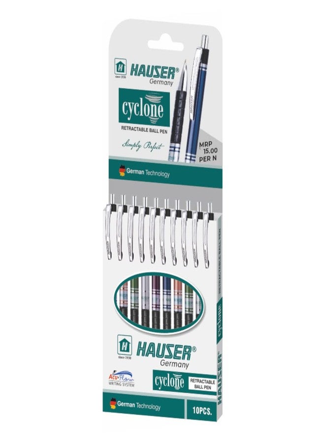 Hauser Cyclone Retractable Ball Pen Wallet | 0.7 mm Tip Size | Metallic Foil Body | Comfortable Grip With Smudge Free Writing | Refillable Ball Pen | Blue Ink, Set Of 10 Ball Pen x Of 2 - Image 1