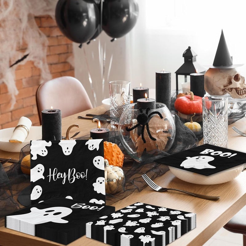 YTGUVBK Halloween Ghost Napkins, 48Pcs Black Ghost Party Decor Cute Ghost Napkins Boo Paper Napkin for Halloween Birthday Party Decorations Boo Baby Shower Party Supplies - Image 3