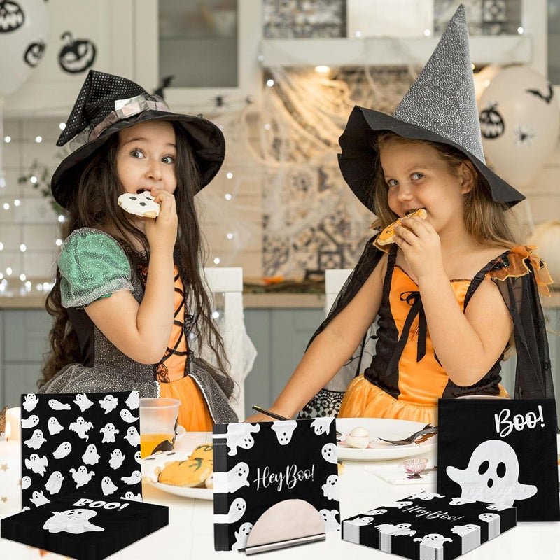 YTGUVBK Halloween Ghost Napkins, 48Pcs Black Ghost Party Decor Cute Ghost Napkins Boo Paper Napkin for Halloween Birthday Party Decorations Boo Baby Shower Party Supplies - Image 5