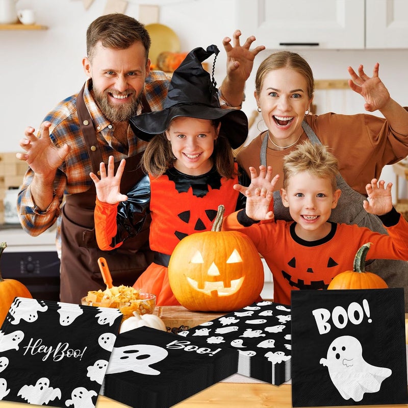 YTGUVBK Halloween Ghost Napkins, 48Pcs Black Ghost Party Decor Cute Ghost Napkins Boo Paper Napkin for Halloween Birthday Party Decorations Boo Baby Shower Party Supplies - Image 2