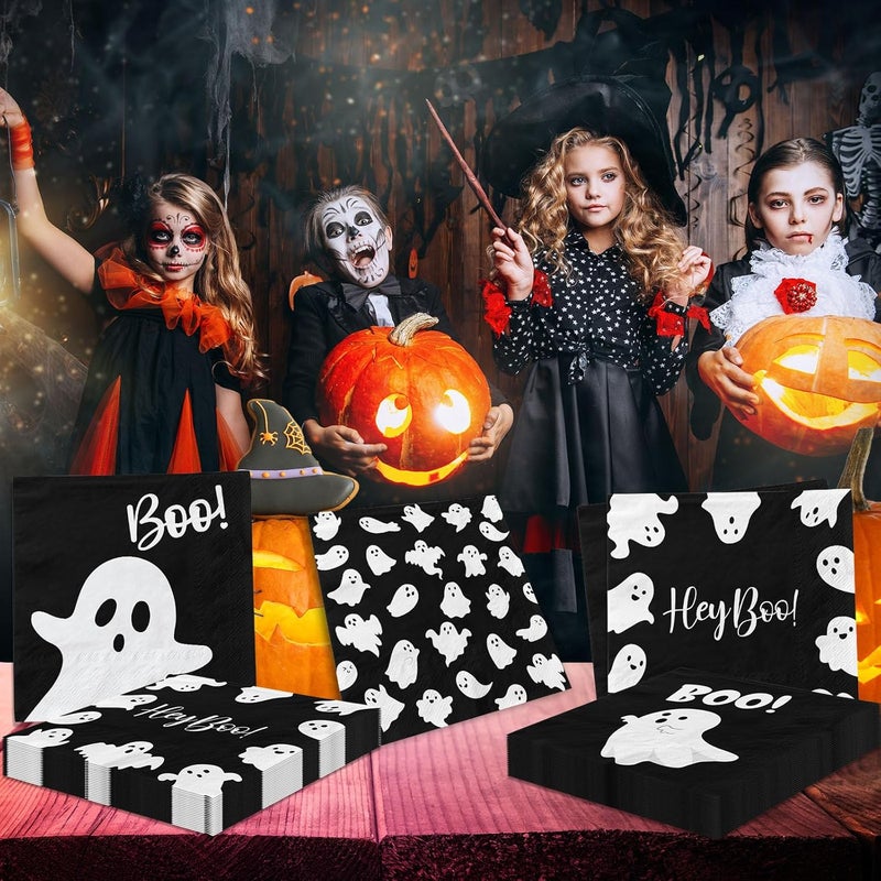 YTGUVBK Halloween Ghost Napkins, 48Pcs Black Ghost Party Decor Cute Ghost Napkins Boo Paper Napkin for Halloween Birthday Party Decorations Boo Baby Shower Party Supplies - Image 4