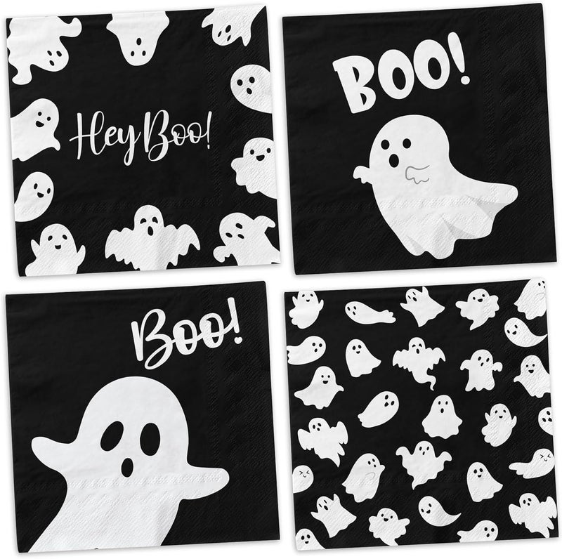 YTGUVBK Halloween Ghost Napkins, 48Pcs Black Ghost Party Decor Cute Ghost Napkins Boo Paper Napkin for Halloween Birthday Party Decorations Boo Baby Shower Party Supplies - Image 1