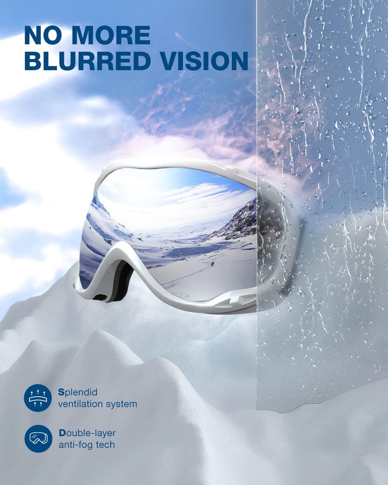 ZIONOR Lagopus Ski Snowboard Goggles UV Protection Anti fog Snow Goggles for Men Women Adult Youth VLT 8.6% White Frame Silver Lens - Image 4
