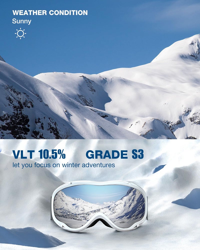 ZIONOR Lagopus Ski Snowboard Goggles UV Protection Anti fog Snow Goggles for Men Women Adult Youth VLT 8.6% White Frame Silver Lens - Image 2