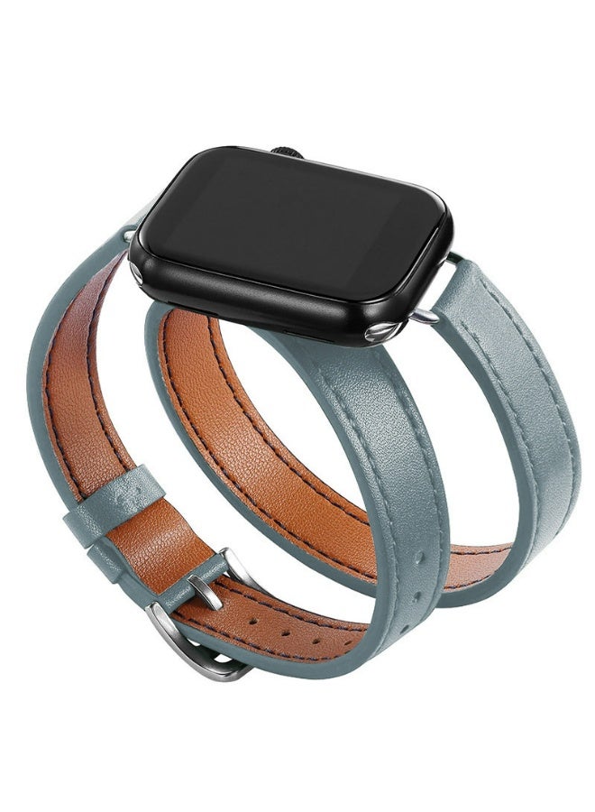 OLYSON Watch Strap Suitable for iWatch Series 11（42mm）, Leather Replacement Band Compatible for Apple Watch Series Band 38mm 40mm 41mm 42mm women, Genuine Leather Double Tour Designed Slim Strap for iWatch Ultra Series11 10 9 8 7 6 SE, Blue - Image 1