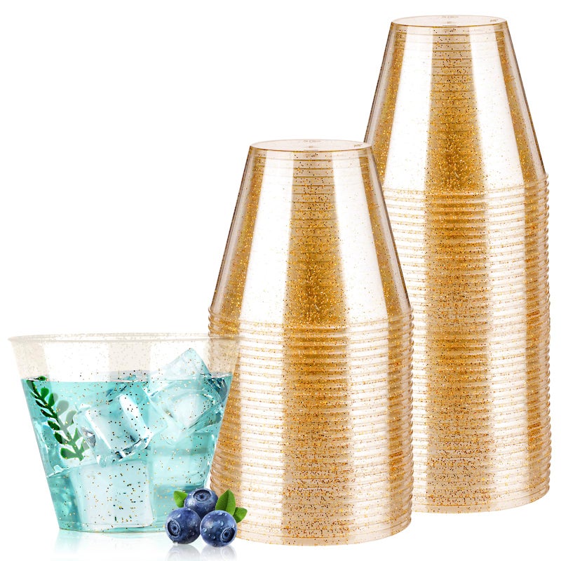 50PCS 9oz Glitter Plastic Cups for Party Disposable Gold Cups Plastic Cocktail Glasses for Wedding Thanksgiving Christmas and Parties