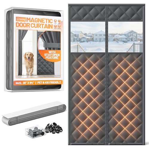 Sjuznng Magnetic Insulated Door Curtain Fits 36"x82" Doors - Thermal Door Cover for Winter with Clear Window, Window Insulation Kit & Doors Draft Stopper to Keep Cold Air Out for Front Doorway Home - Black - Image 1