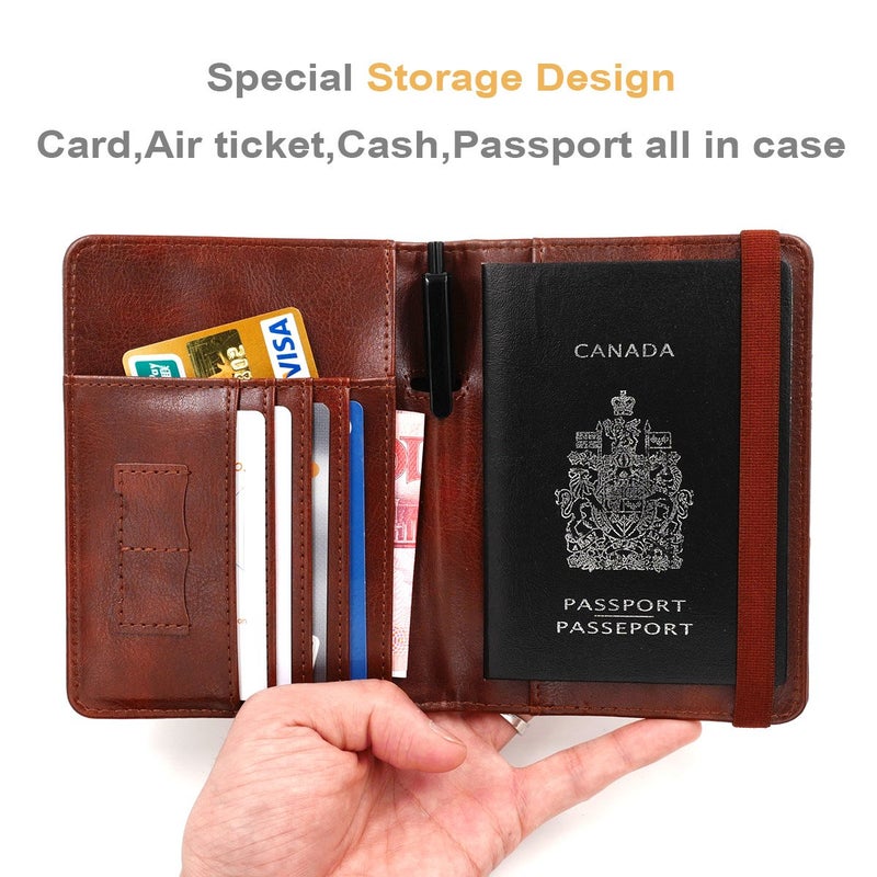 kandouren kandouren RFID Blocking Passport Holder Cover Case,travel luggage passport wallet made with Brown Map Crazy Horse PU Leather for Men & Women  - Image 2