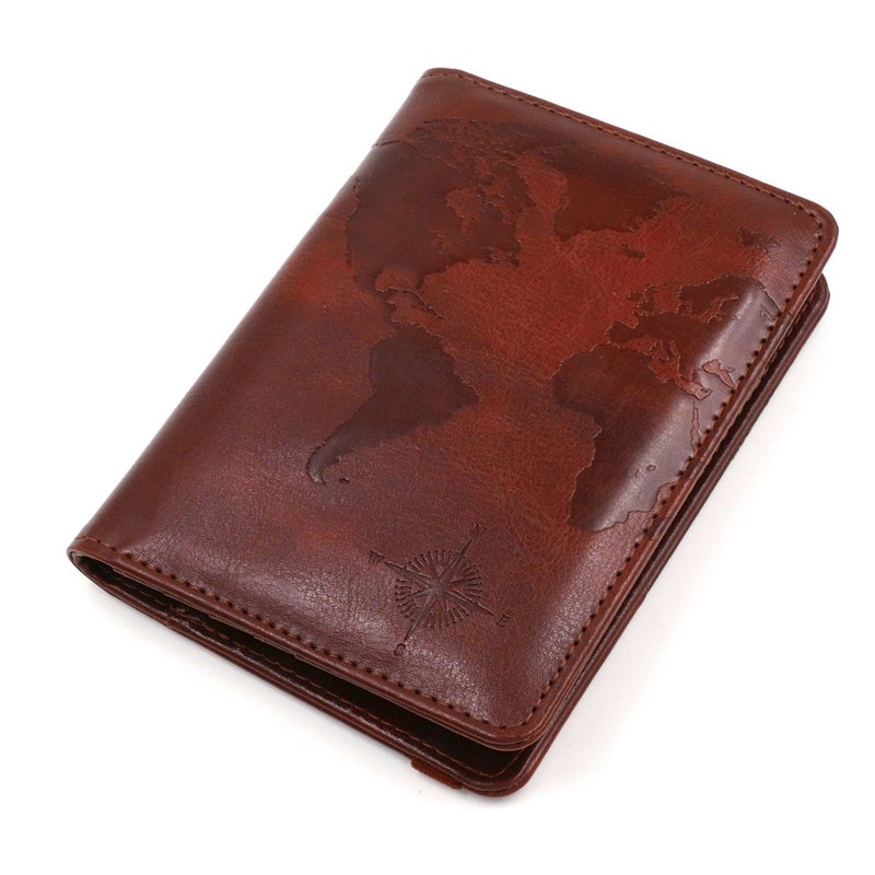 kandouren kandouren RFID Blocking Passport Holder Cover Case,travel luggage passport wallet made with Brown Map Crazy Horse PU Leather for Men & Women  - Image 5