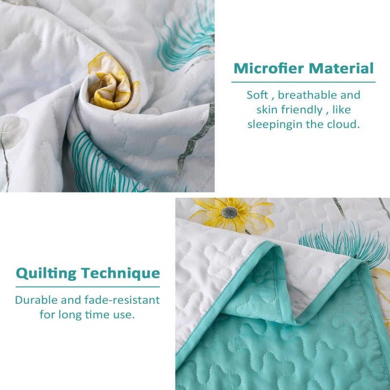 Dinjoy King Size Quilt Set Floral 3 Piece Aqua Farmhouse Bedding Set Lightweight Flower Bedspreads White Coverlet Bed Sets Cute Boho King Quilts for Summer All Season(90""x104"") - Image 4