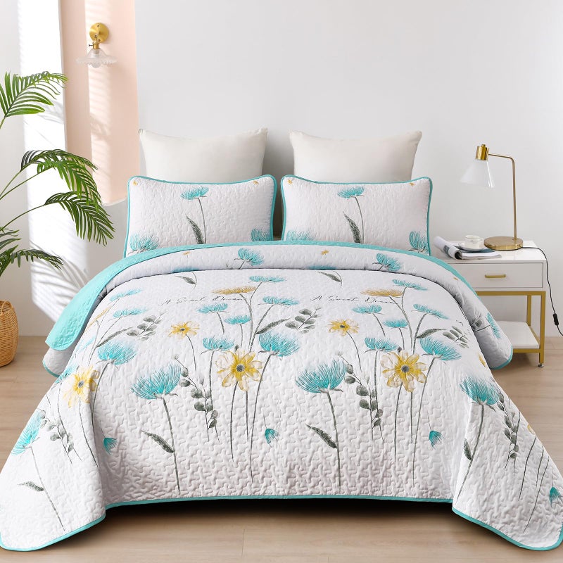 Dinjoy King Size Quilt Set Floral 3 Piece Aqua Farmhouse Bedding Set Lightweight Flower Bedspreads White Coverlet Bed Sets Cute Boho King Quilts for Summer All Season(90""x104"") - Image 1