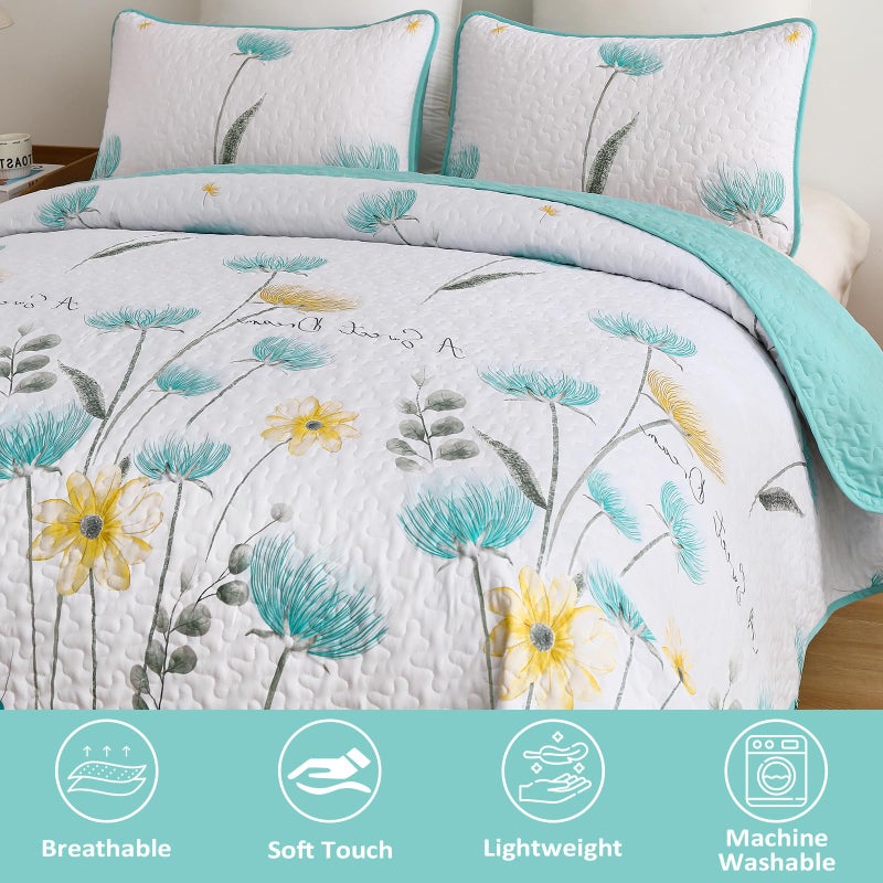 Dinjoy King Size Quilt Set Floral 3 Piece Aqua Farmhouse Bedding Set Lightweight Flower Bedspreads White Coverlet Bed Sets Cute Boho King Quilts for Summer All Season(90""x104"") - Image 3