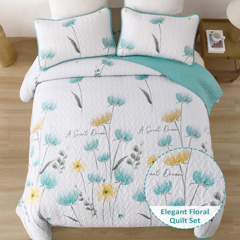 Dinjoy King Size Quilt Set Floral 3 Piece Aqua Farmhouse Bedding Set Lightweight Flower Bedspreads White Coverlet Bed Sets Cute Boho King Quilts for Summer All Season(90""x104"") - Image 2
