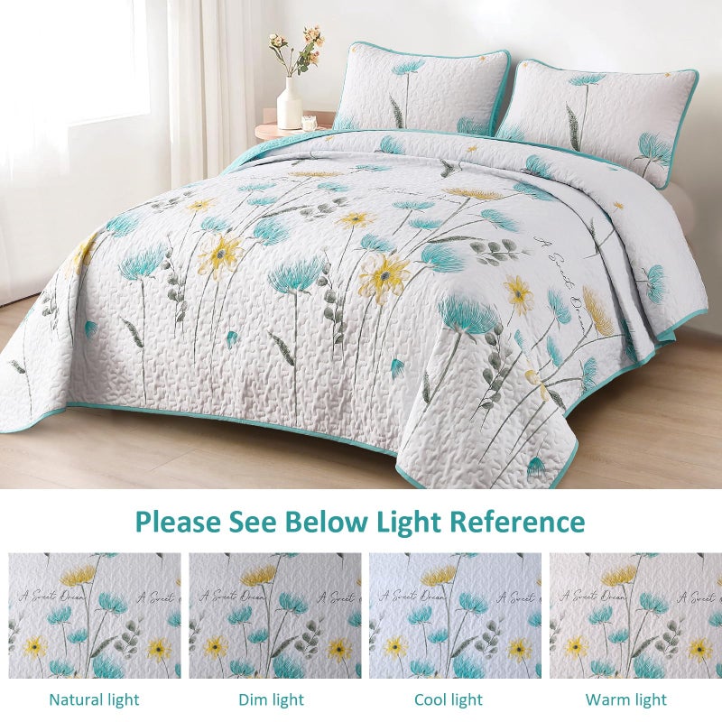 Dinjoy King Size Quilt Set Floral 3 Piece Aqua Farmhouse Bedding Set Lightweight Flower Bedspreads White Coverlet Bed Sets Cute Boho King Quilts for Summer All Season(90""x104"") - Image 5